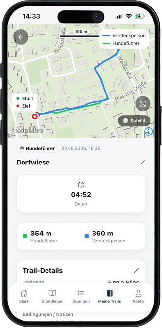 Spurinstinkt Mantrailing GPS Tracking Screenshot Mobil